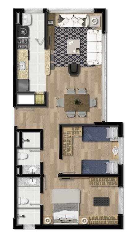 Planta 03 - 2 dorm 60m²